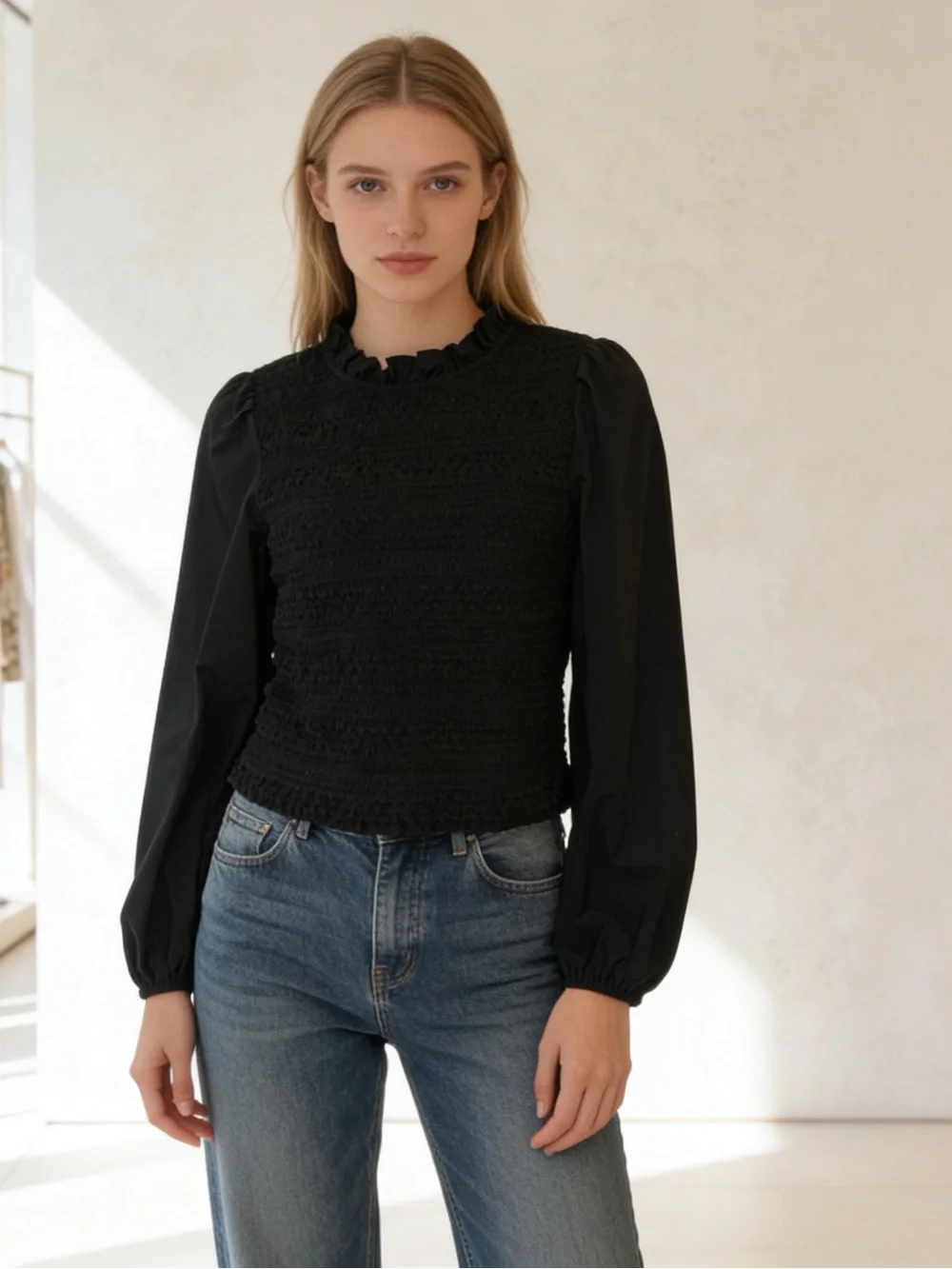 J.Crew Black Smocked Puff Sleeve Blouse Ruffle Neck Top Size S